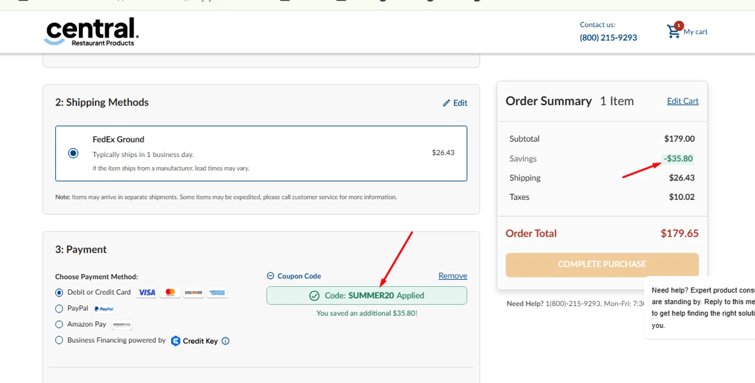 Central Restaurant coupon code screenshot showing code SUMMER20 applied at Central Restaurant checkout page. Uploaded by SimplyCodes community member carlosrivero on Aug 29, 2025