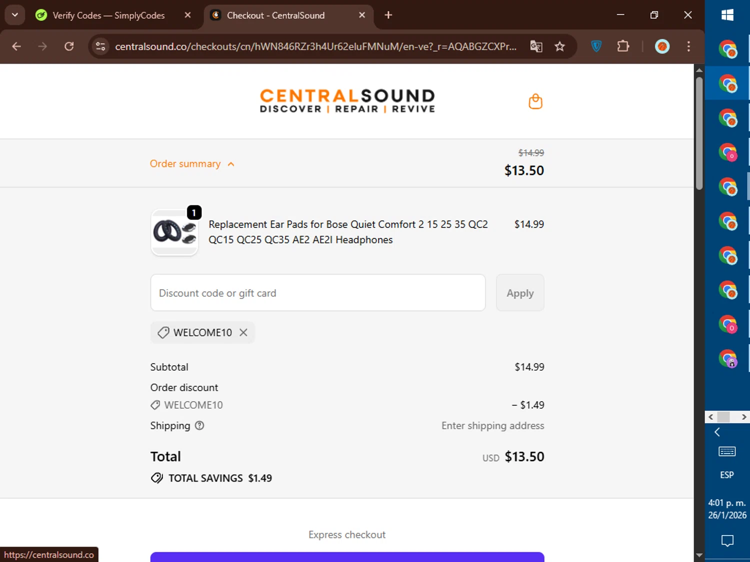 CentralSound checkout page showing CentralSound promo code box | Screenshot taken by SimplyCodes community member on Jan 26, 2026