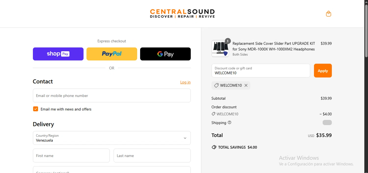 CentralSound promo code screenshot showing code WELCOME10 applied at CentralSound checkout page. Uploaded by SimplyCodes community member LegendaryCurator4133 on Jun 18, 2025