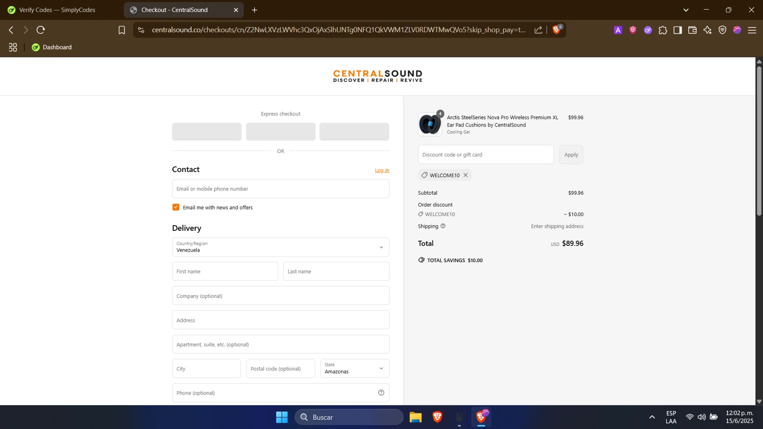 CentralSound promo code screenshot showing code WELCOME10 applied at CentralSound checkout page. Uploaded by SimplyCodes community member PrimeWhiz4850 on Jun 15, 2025