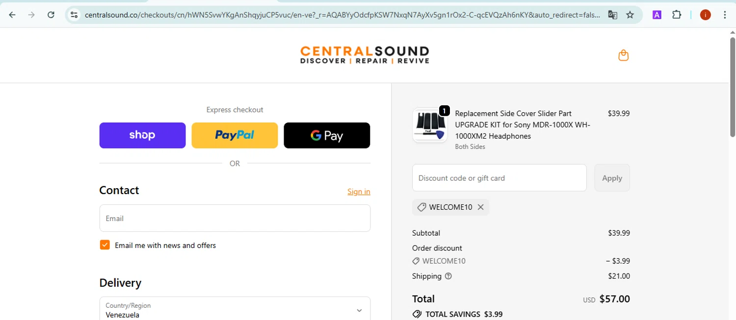 CentralSound promo code screenshot showing code WELCOME10 applied at CentralSound checkout page. Uploaded by SimplyCodes community member SmartMaestro6853 on Nov 19, 2025