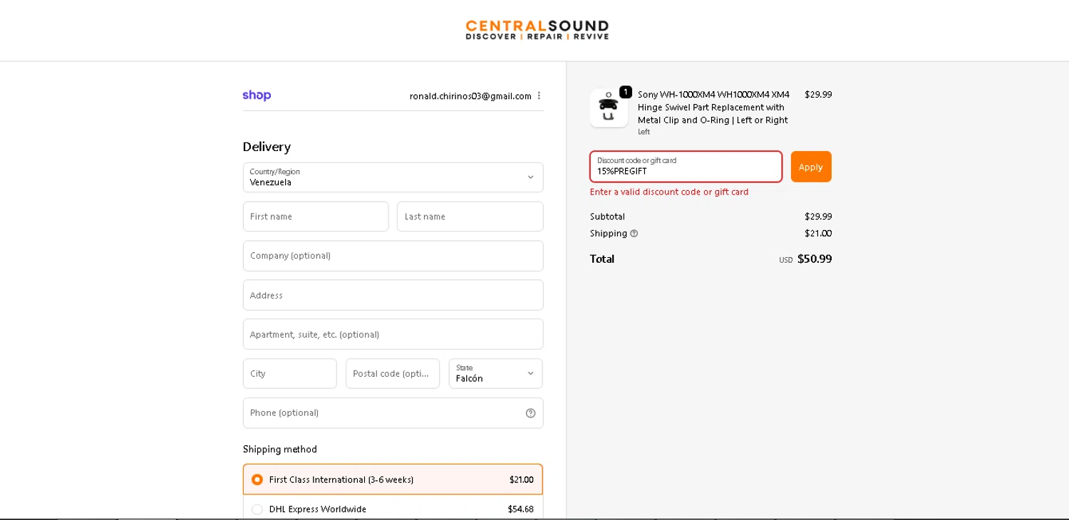 CentralSound promo code screenshot showing code 15%PREGIFT applied at CentralSound checkout page. Uploaded by SimplyCodes community member BrilliantTitan7739 on Nov 28, 2025