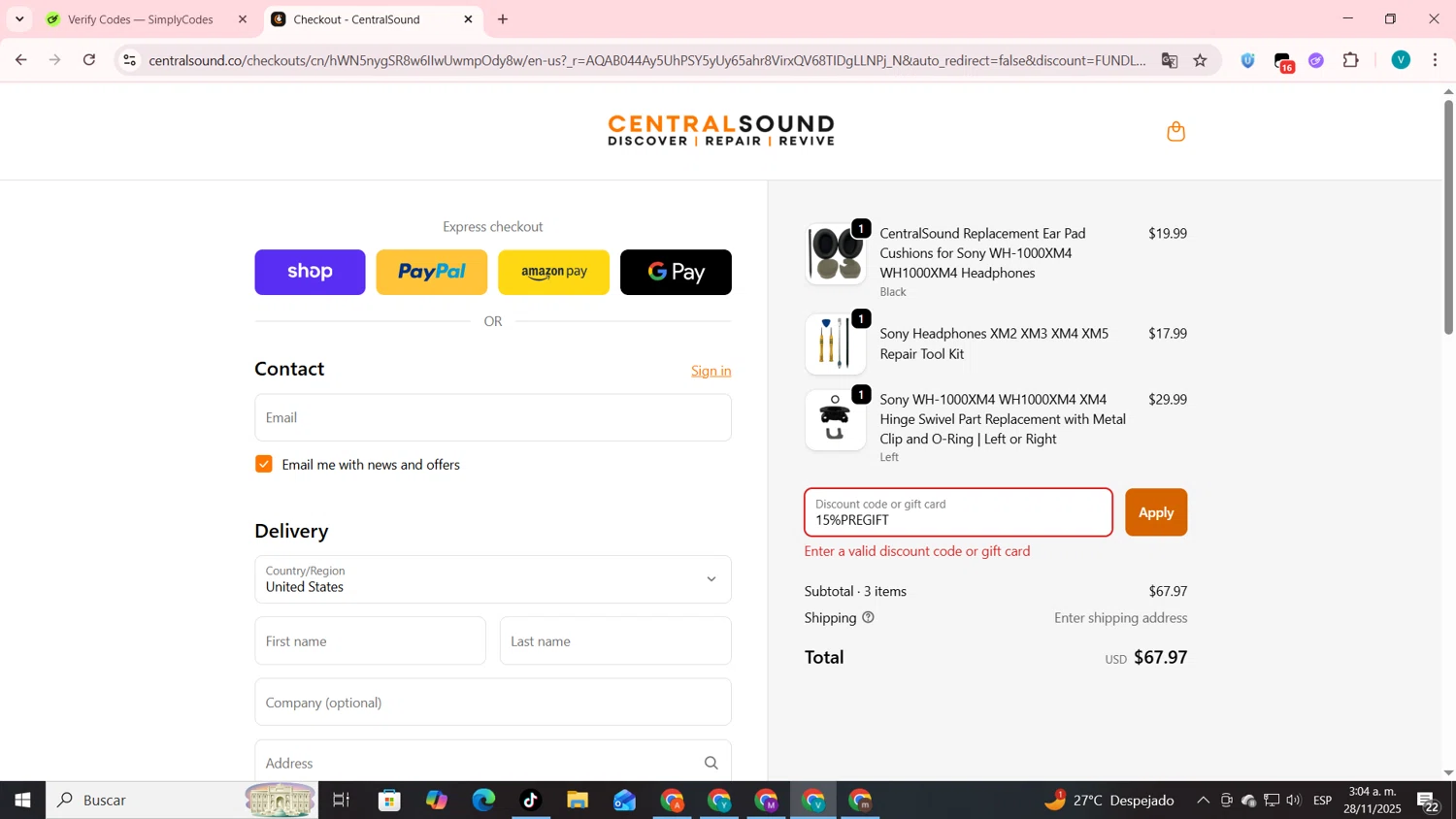 CentralSound promo code screenshot showing code 15%PREGIFT applied at CentralSound checkout page. Uploaded by SimplyCodes community member lyffytaro on Nov 28, 2025