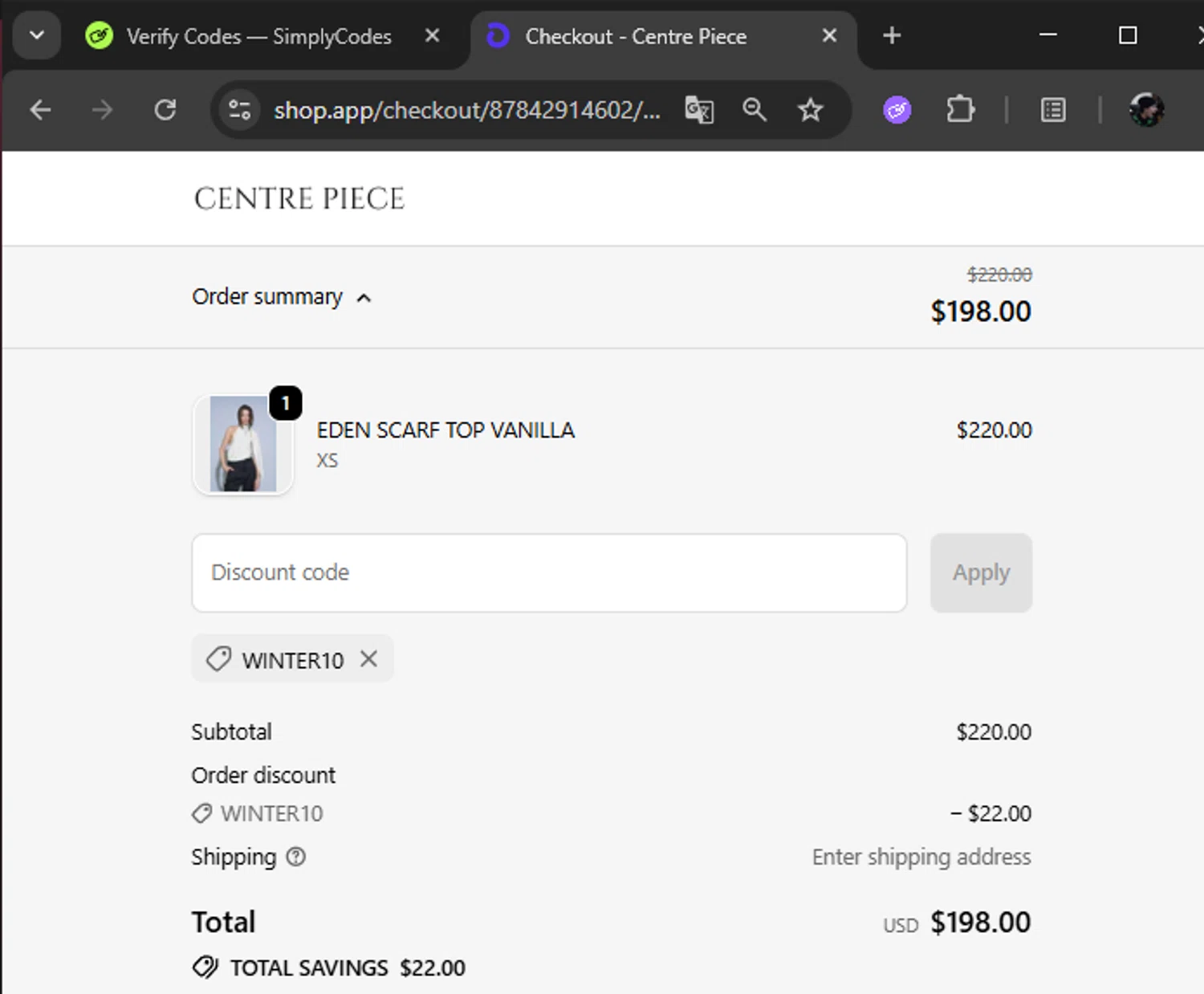 Centre Piece checkout page showing Centre Piece promo code box | Screenshot taken by SimplyCodes community member on Jan 21, 2026