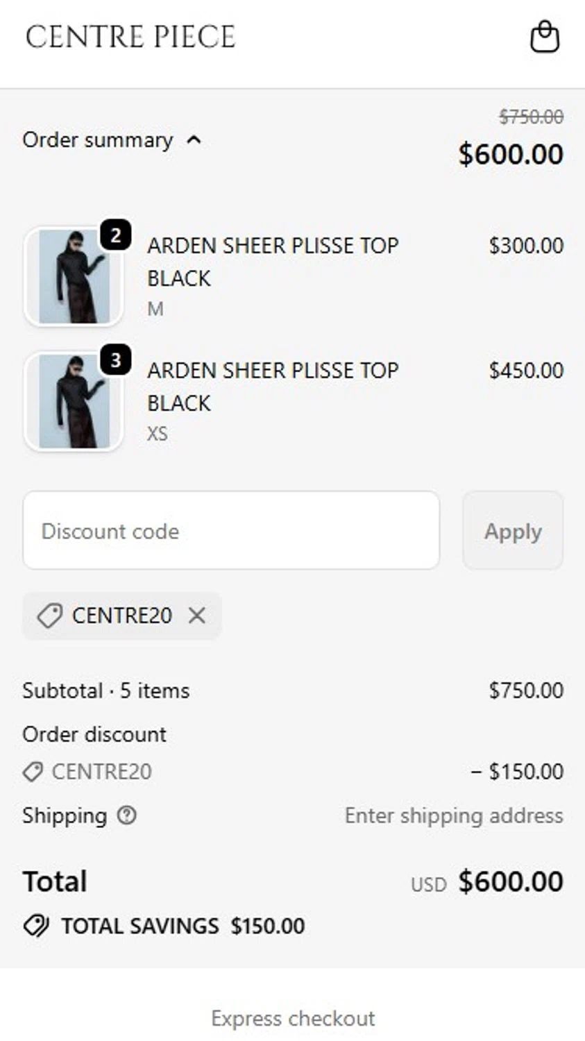 Centre Piece promo code screenshot showing code CENTRE20 applied at Centre Piece checkout page. Uploaded by SimplyCodes community member RonaldoM32 on Apr 1, 2026