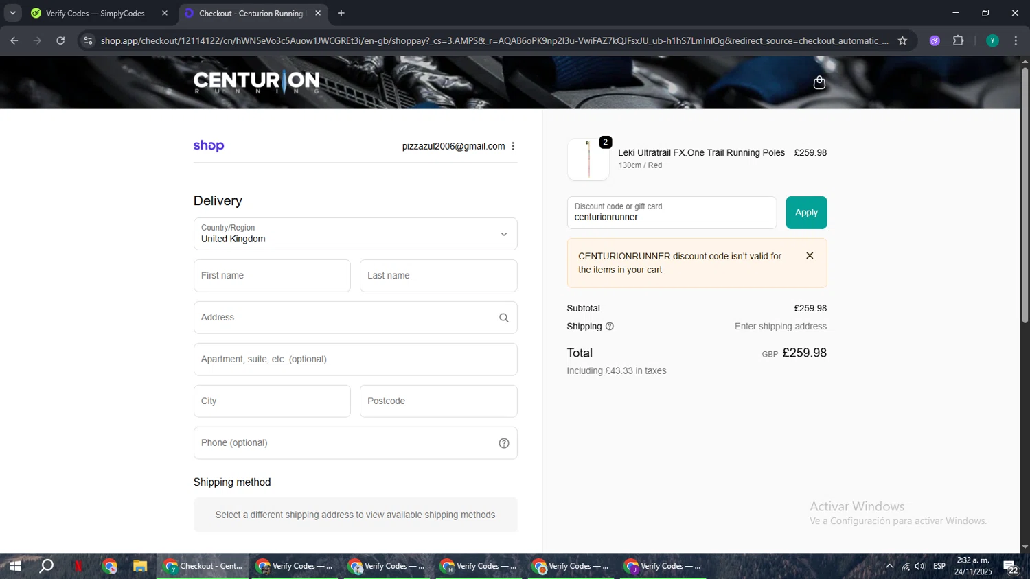 Centurion Running promo code screenshot showing code centurionrunner applied at Centurion Running checkout page. Uploaded by SimplyCodes community member FrugalCaptain6906 on Nov 24, 2025