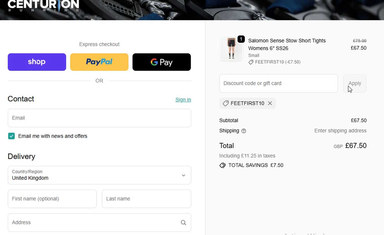 Centurion Running promo code screenshot showing code FEETFIRST10 applied at Centurion Running checkout page. Uploaded by SimplyCodes community member BudgetGuardian5712 on Jan 22, 2026