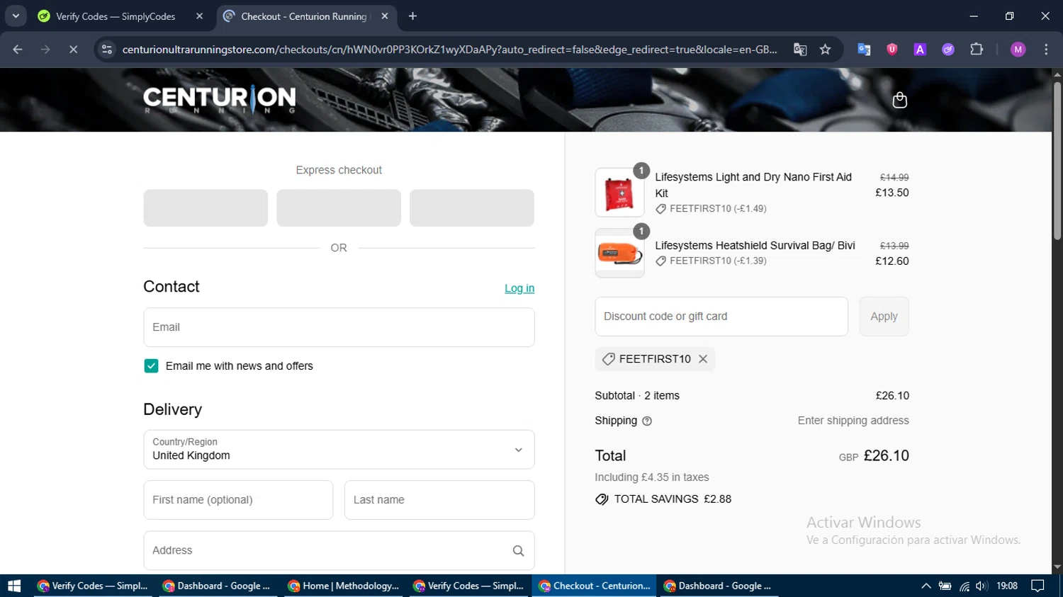 Centurion Running promo code screenshot showing code FEETFIRST10 applied at Centurion Running checkout page. Uploaded by SimplyCodes community member MightyTracker1549 on Jul 22, 2025