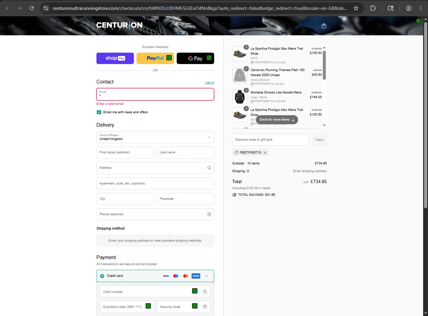 Centurion Running promo code screenshot showing code FEETFIRST10 applied at Centurion Running checkout page. Uploaded by SimplyCodes community member zzzzzzza on Aug 26, 2025