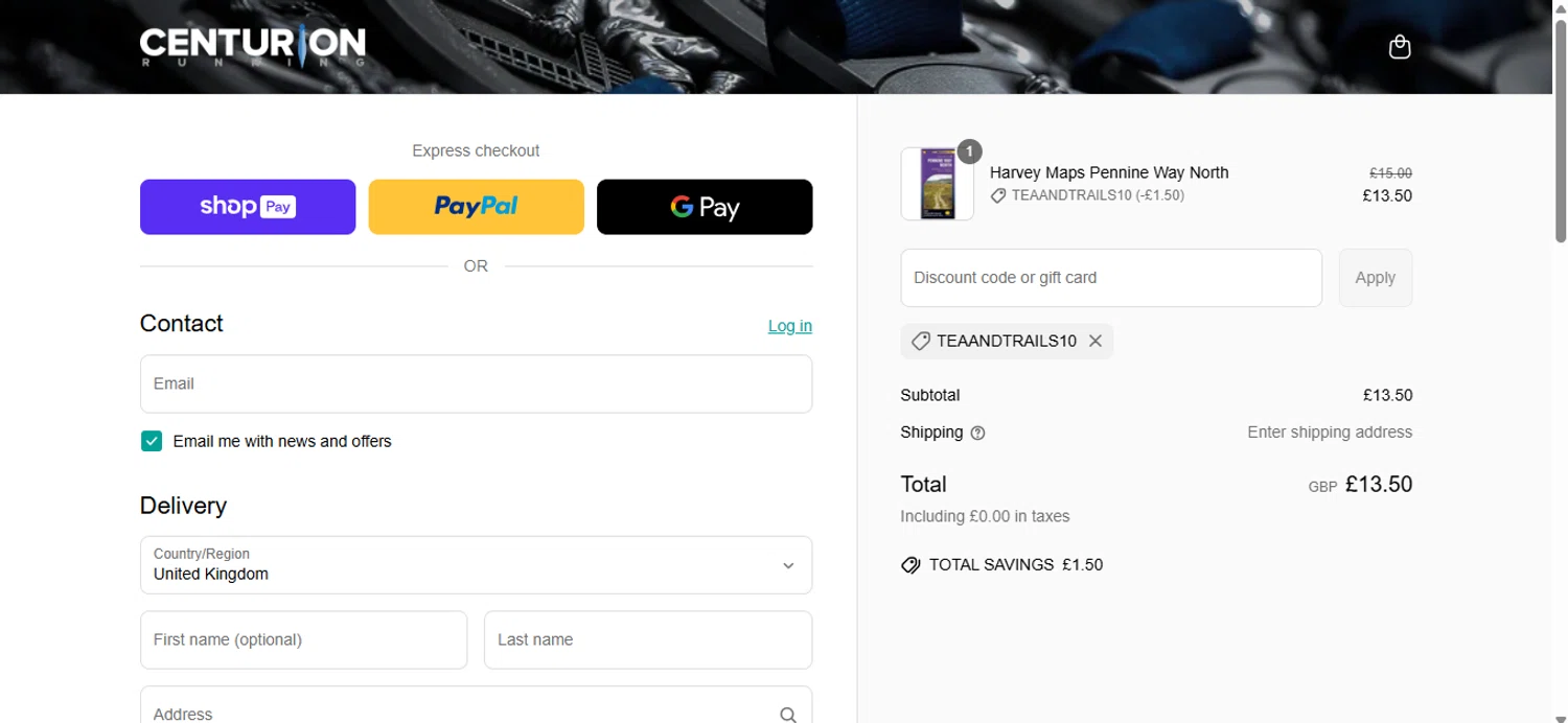 Centurion Running promo code screenshot showing code TEAANDTRAILS10 applied at Centurion Running checkout page. Uploaded by SimplyCodes community member anosesmith on May 8, 2025