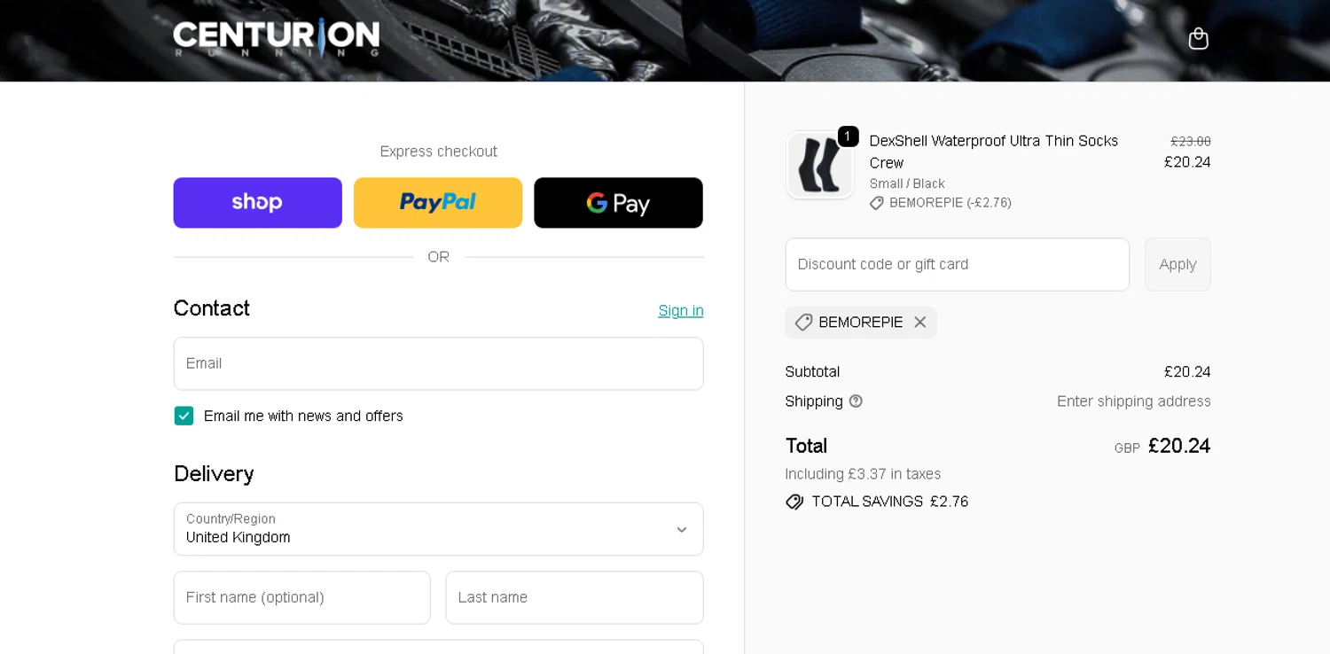 Centurion Running promo code screenshot showing code BEMOREPIE applied at Centurion Running checkout page. Uploaded by SimplyCodes community member shark12 on Dec 18, 2025