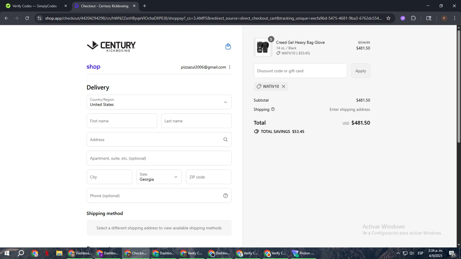 Century Kickboxing discount code screenshot showing code WATIV10 applied at Century Kickboxing checkout page. Uploaded by SimplyCodes community member ExtraordinaryHunter3076 on Sep 4, 2025
