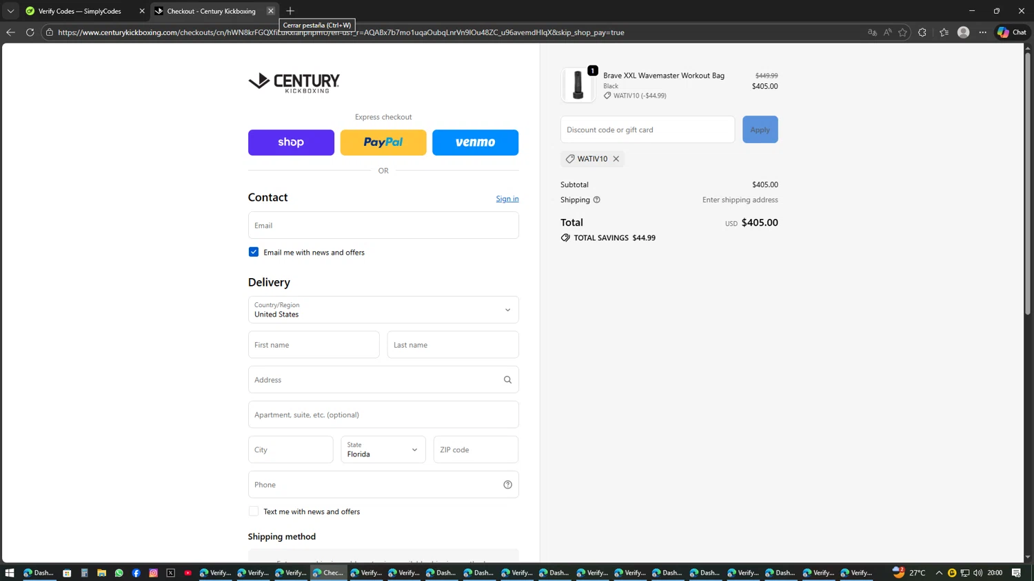 Century Kickboxing discount code screenshot showing code WATIV10 applied at Century Kickboxing checkout page. Uploaded by SimplyCodes community member SwiftSage2309 on Feb 14, 2026