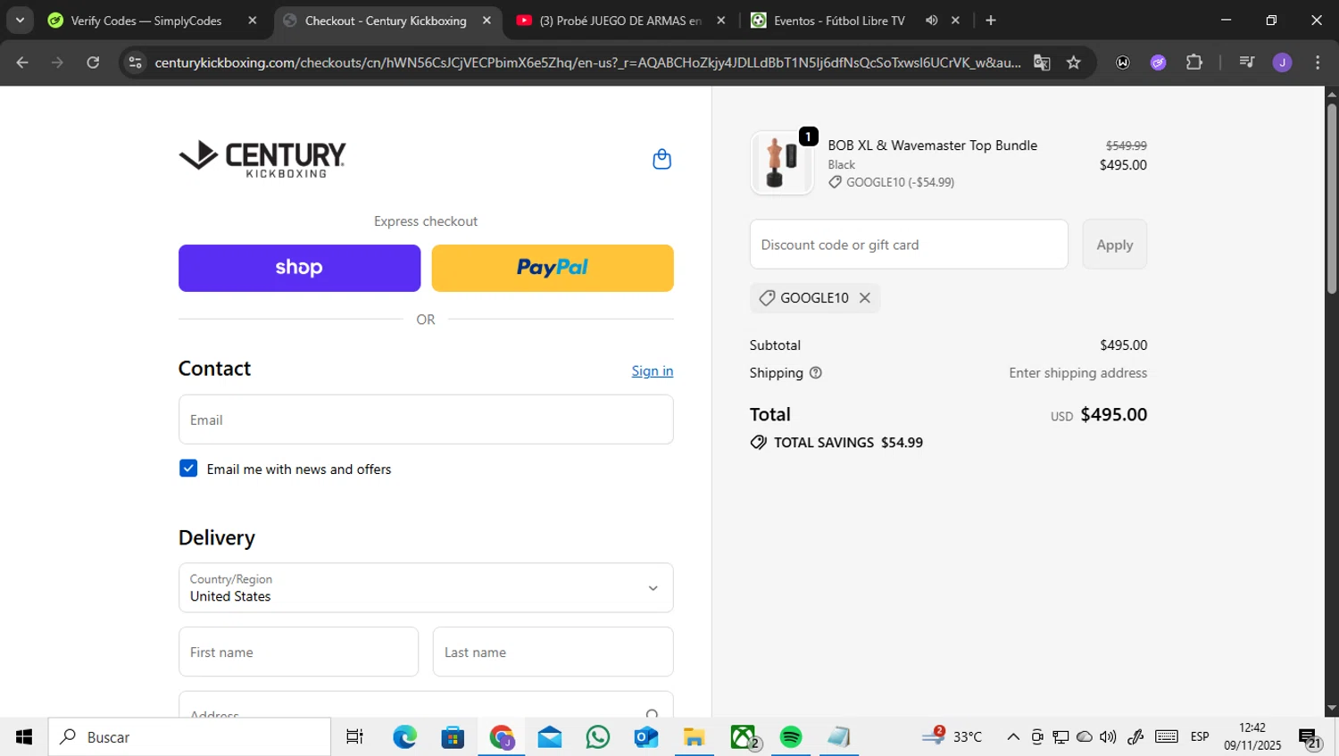 Century Kickboxing discount code screenshot showing code GOOGLE10 applied at Century Kickboxing checkout page. Uploaded by SimplyCodes community member ENCARAMESSI on Nov 9, 2025
