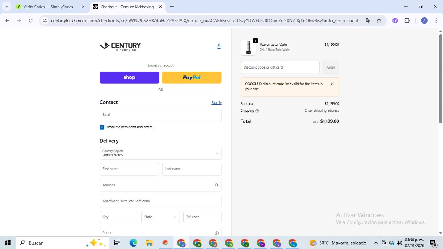 Century Kickboxing discount code screenshot showing code GOOGLE10 applied at Century Kickboxing checkout page. Uploaded by SimplyCodes community member TreasureCaptain5531 on Jan 2, 2026