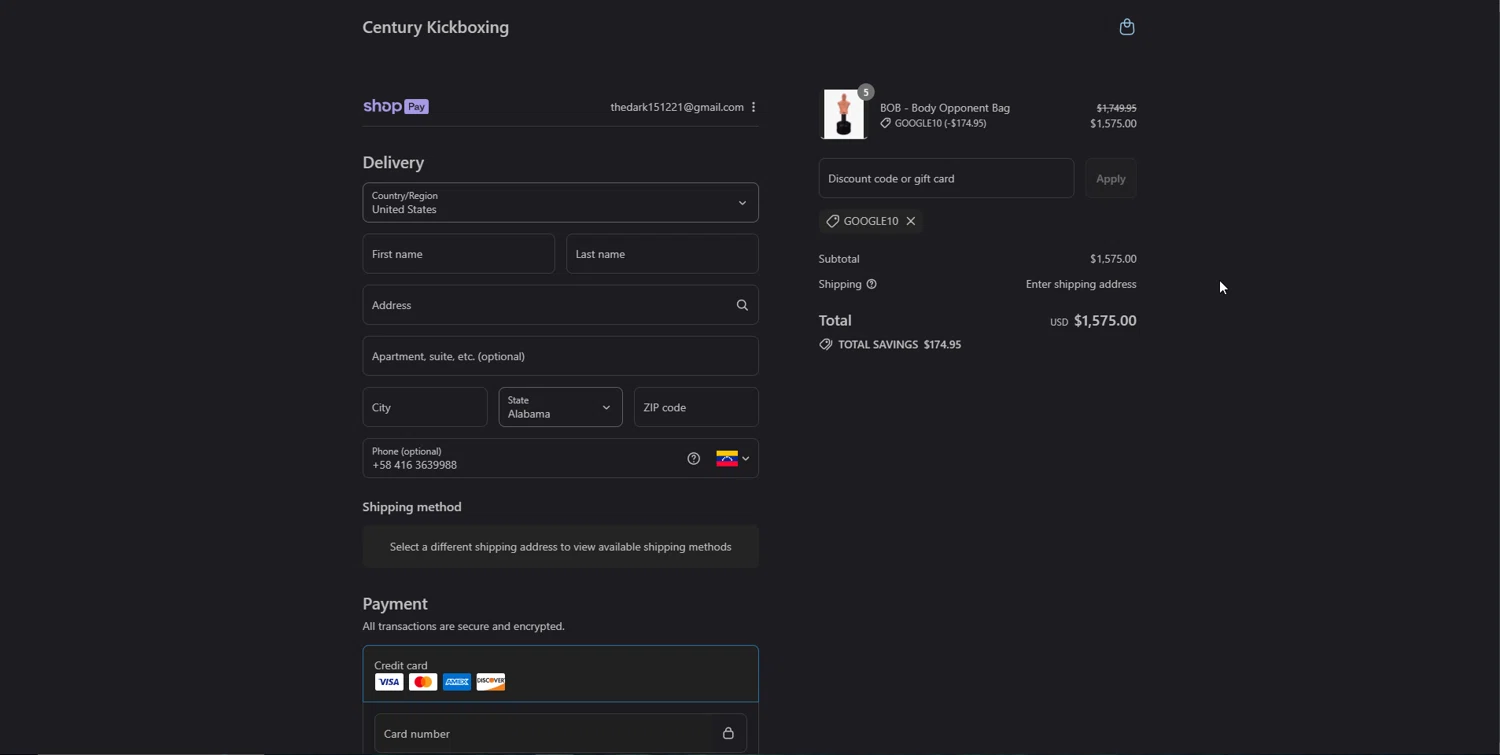 Century Kickboxing discount code screenshot showing code GOOGLE10 applied at Century Kickboxing checkout page. Uploaded by SimplyCodes community member lisethchirino on Jul 27, 2025