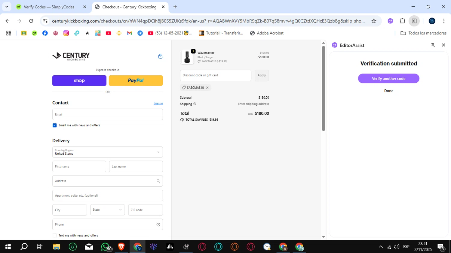 Century Kickboxing discount code screenshot showing code SASCMAS10 applied at Century Kickboxing checkout page. Uploaded by SimplyCodes community member SunJinWoo on Nov 3, 2025