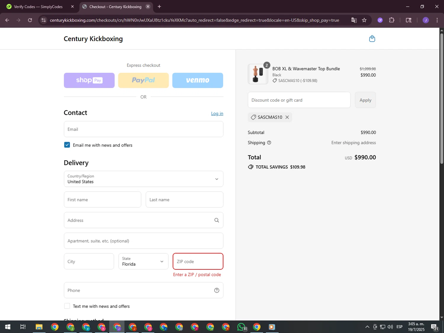 Century Kickboxing discount code screenshot showing code SASCMAS10 applied at Century Kickboxing checkout page. Uploaded by SimplyCodes community member ValueHero2277 on Jul 19, 2025