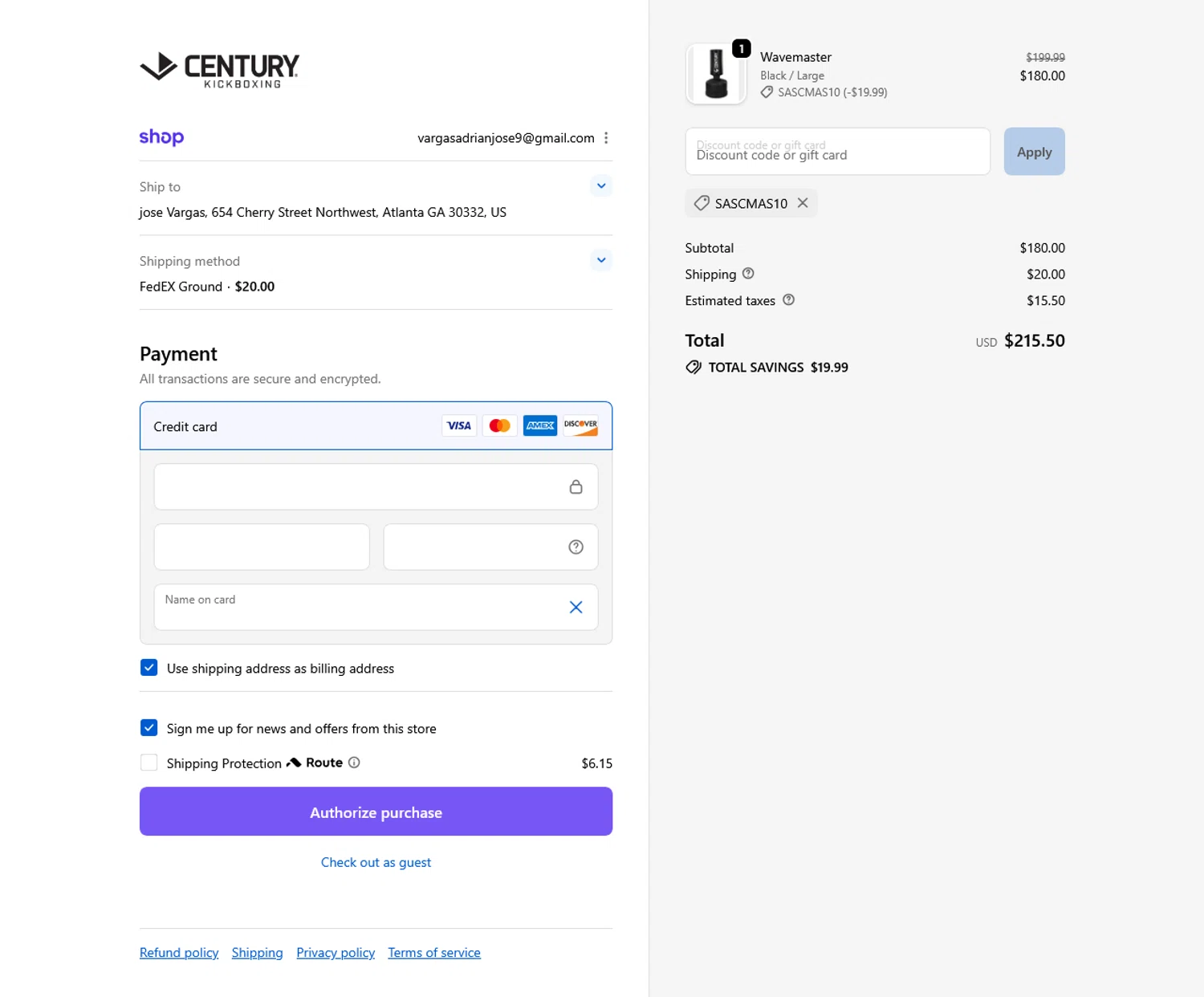 Century Kickboxing discount code screenshot showing code SASCMAS10 applied at Century Kickboxing checkout page. Uploaded by SimplyCodes community member WladimirV on Oct 7, 2025