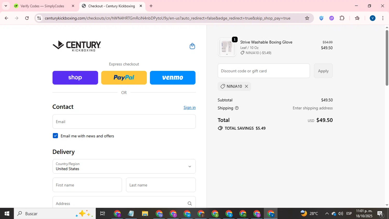 Century Kickboxing discount code screenshot showing code NINJA10 applied at Century Kickboxing checkout page. Uploaded by SimplyCodes community member CrownTitan5376 on Oct 19, 2025