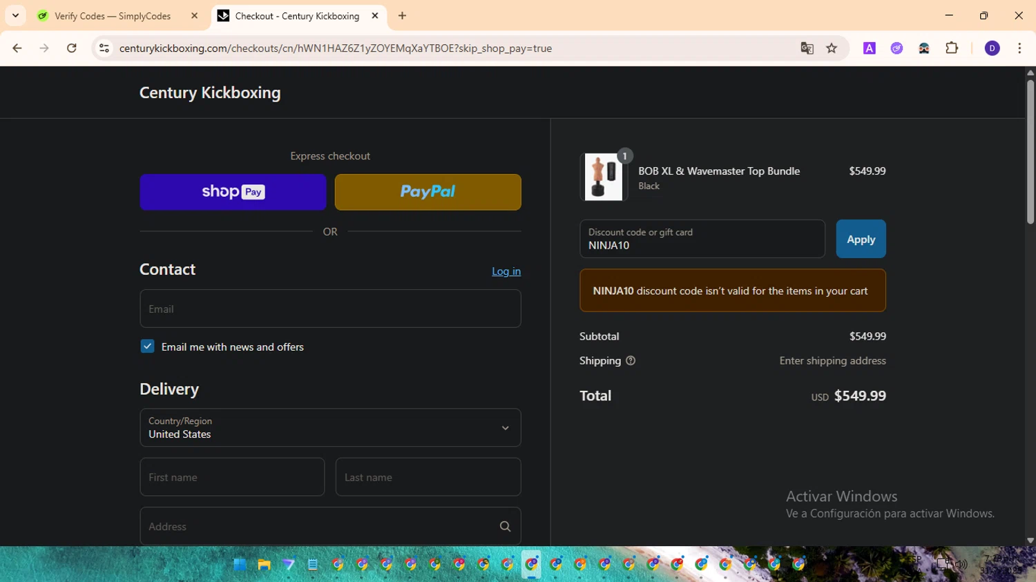 Century Kickboxing discount code screenshot showing code NINJA10 applied at Century Kickboxing checkout page. Uploaded by SimplyCodes community member MagnificentFinder9583 on Jul 31, 2025