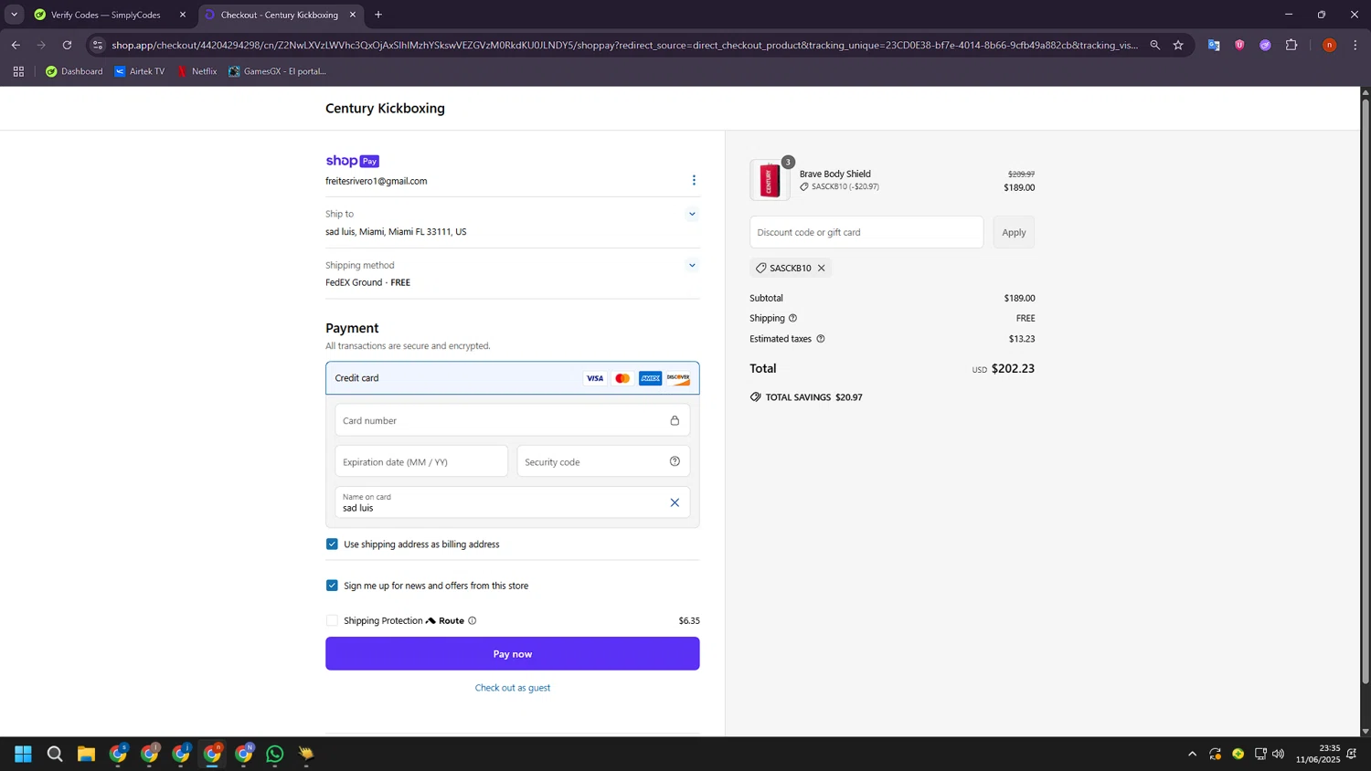 Century Kickboxing discount code screenshot showing code SASCKB10 applied at Century Kickboxing checkout page. Uploaded by SimplyCodes community member BudgetShopper182 on Jun 12, 2025