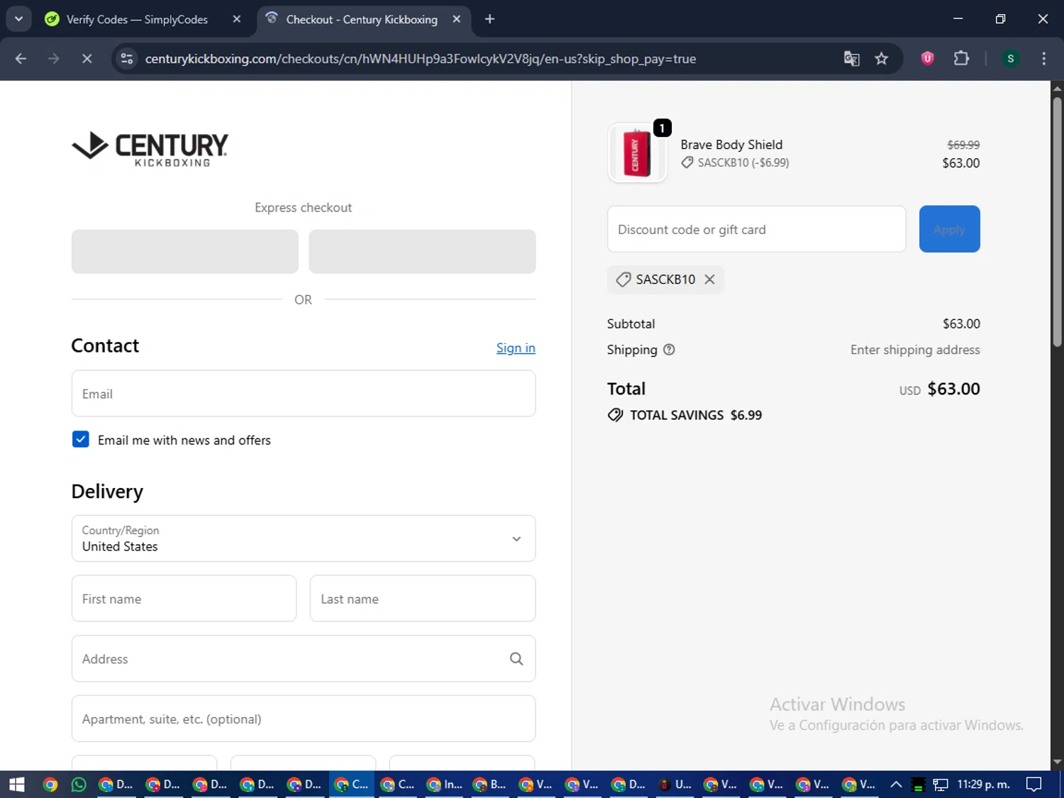 Century Kickboxing discount code screenshot showing code SASCKB10 applied at Century Kickboxing checkout page. Uploaded by SimplyCodes community member lilMosey on Oct 19, 2025
