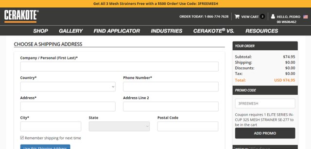 Cerakote checkout page showing Cerakote promo code box | Screenshot taken by SimplyCodes community member on Feb 11, 2025