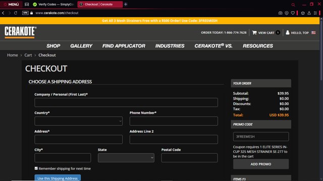 Cerakote checkout page showing Cerakote promo code box | Screenshot taken by SimplyCodes community member on Feb 18, 2025