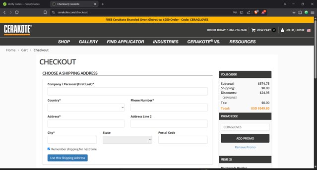 Cerakote checkout page showing Cerakote promo code box | Screenshot taken by SimplyCodes community member on Apr 8, 2025