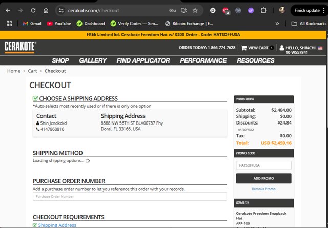 Cerakote checkout page showing Cerakote promo code box | Screenshot taken by SimplyCodes community member on Jun 25, 2025