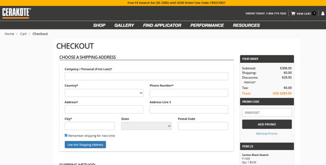 Cerakote checkout page showing Cerakote promo code box | Screenshot taken by SimplyCodes community member on Aug 17, 2025