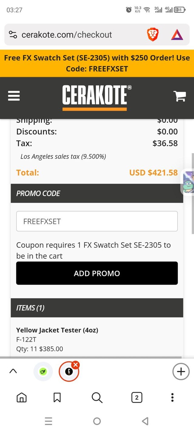 Cerakote checkout page showing Cerakote promo code box | Screenshot taken by SimplyCodes community member on Aug 5, 2025