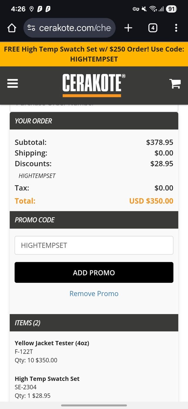 Cerakote checkout page showing Cerakote promo code box | Screenshot taken by SimplyCodes community member on Sep 2, 2025