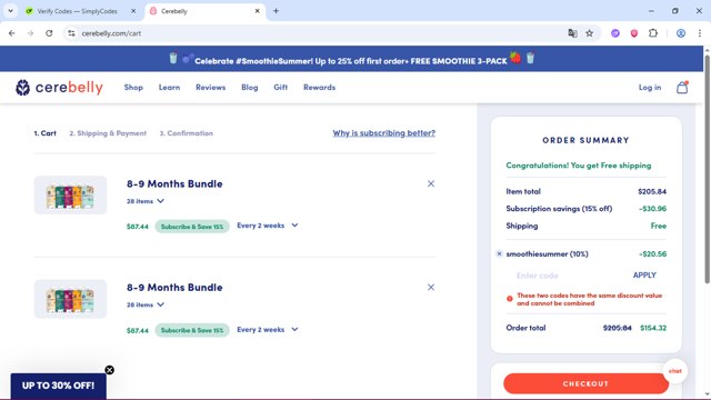 Cerebelly checkout page showing Cerebelly promo code box | Screenshot taken by SimplyCodes community member on Jul 25, 2025