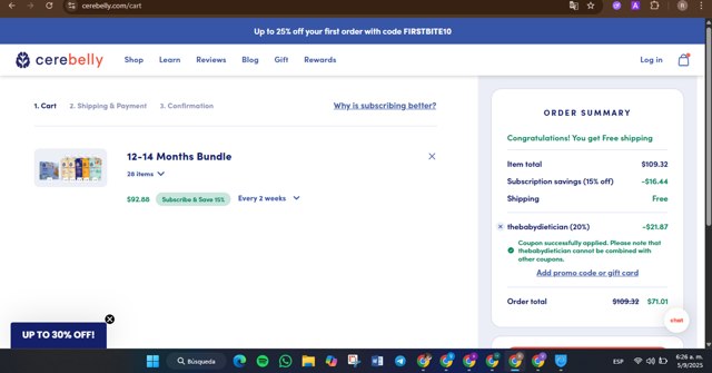 Cerebelly checkout page showing Cerebelly promo code box | Screenshot taken by SimplyCodes community member on Sep 5, 2025