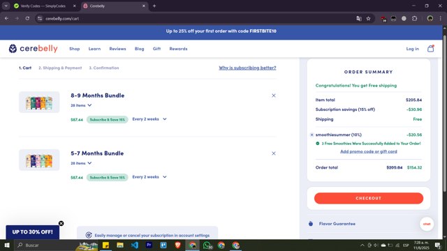 Cerebelly checkout page showing Cerebelly promo code box | Screenshot taken by SimplyCodes community member on Aug 11, 2025