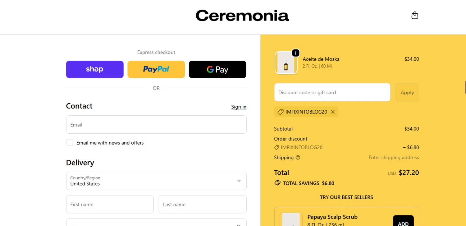 Ceremonia promo code screenshot showing code IMFIXINTOBLOG20 applied at Ceremonia checkout page. Uploaded by SimplyCodes community member shark12 on Oct 26, 2025