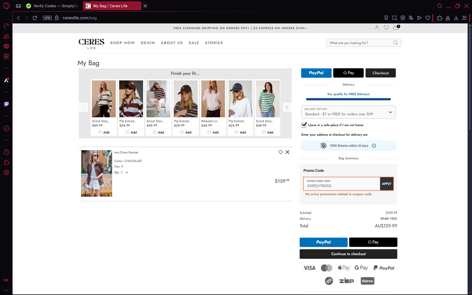 Ceres Life discount code screenshot showing code KSIPEJVT8DSG applied at Ceres Life checkout page. Uploaded by SimplyCodes community member frijolito on Jul 24, 2025
