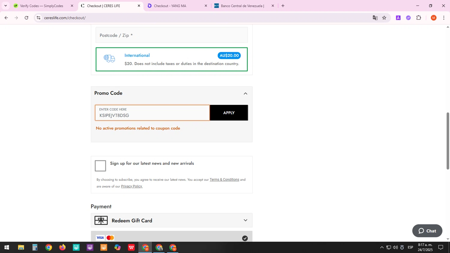 Ceres Life discount code screenshot showing code KSIPEJVT8DSG applied at Ceres Life checkout page. Uploaded by SimplyCodes community member TreasureTracker4321 on Jul 24, 2025