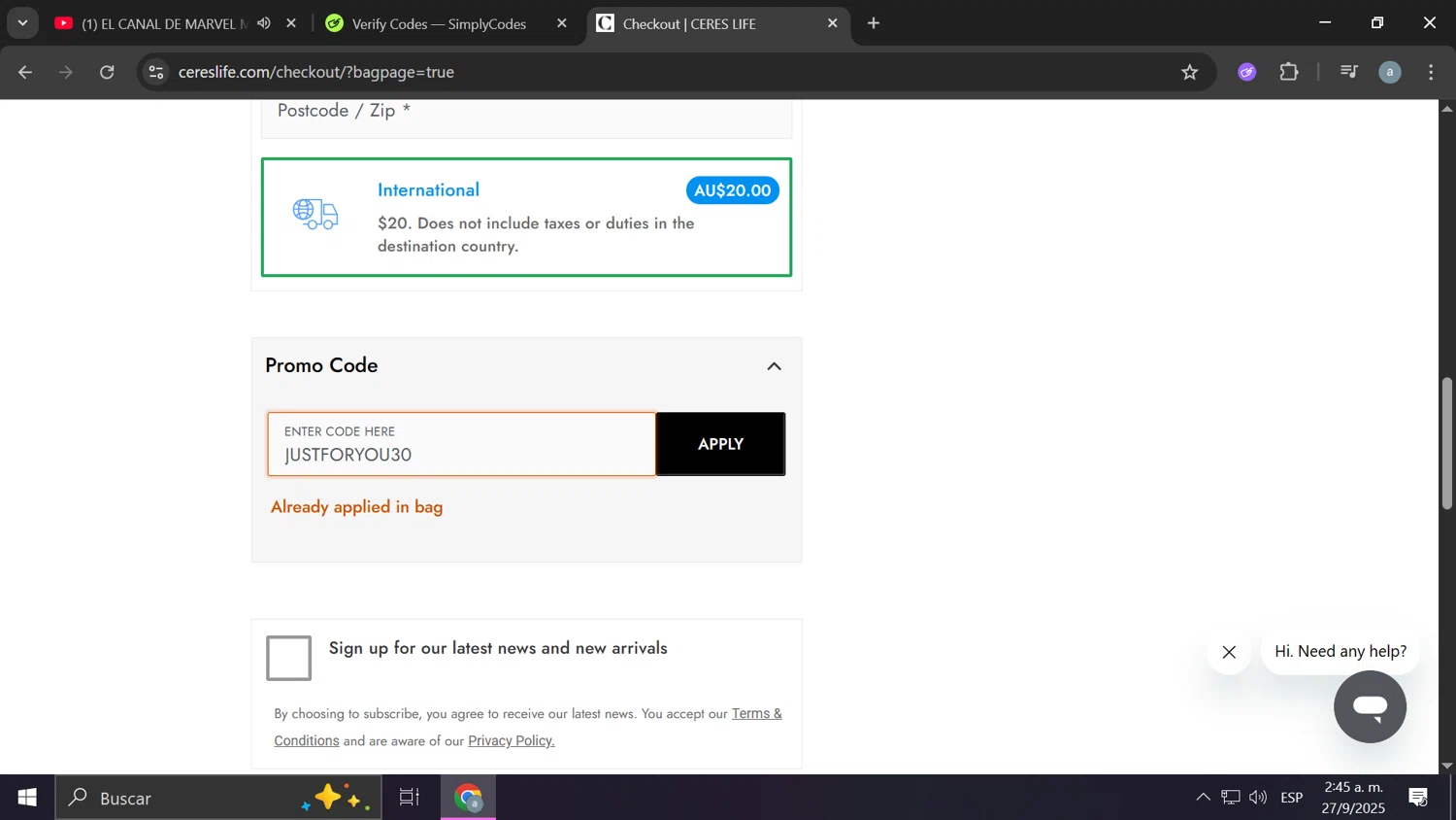 Ceres Life checkout page showing Ceres Life discount code box | Screenshot taken by SimplyCodes community member on Sep 27, 2025