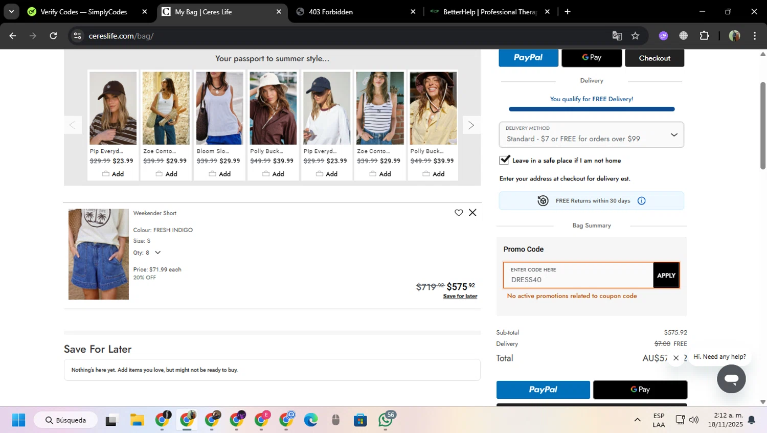 Ceres Life discount code screenshot showing code DRESS40 applied at Ceres Life checkout page. Uploaded by SimplyCodes community member MoneySentinel7597 on Nov 18, 2025