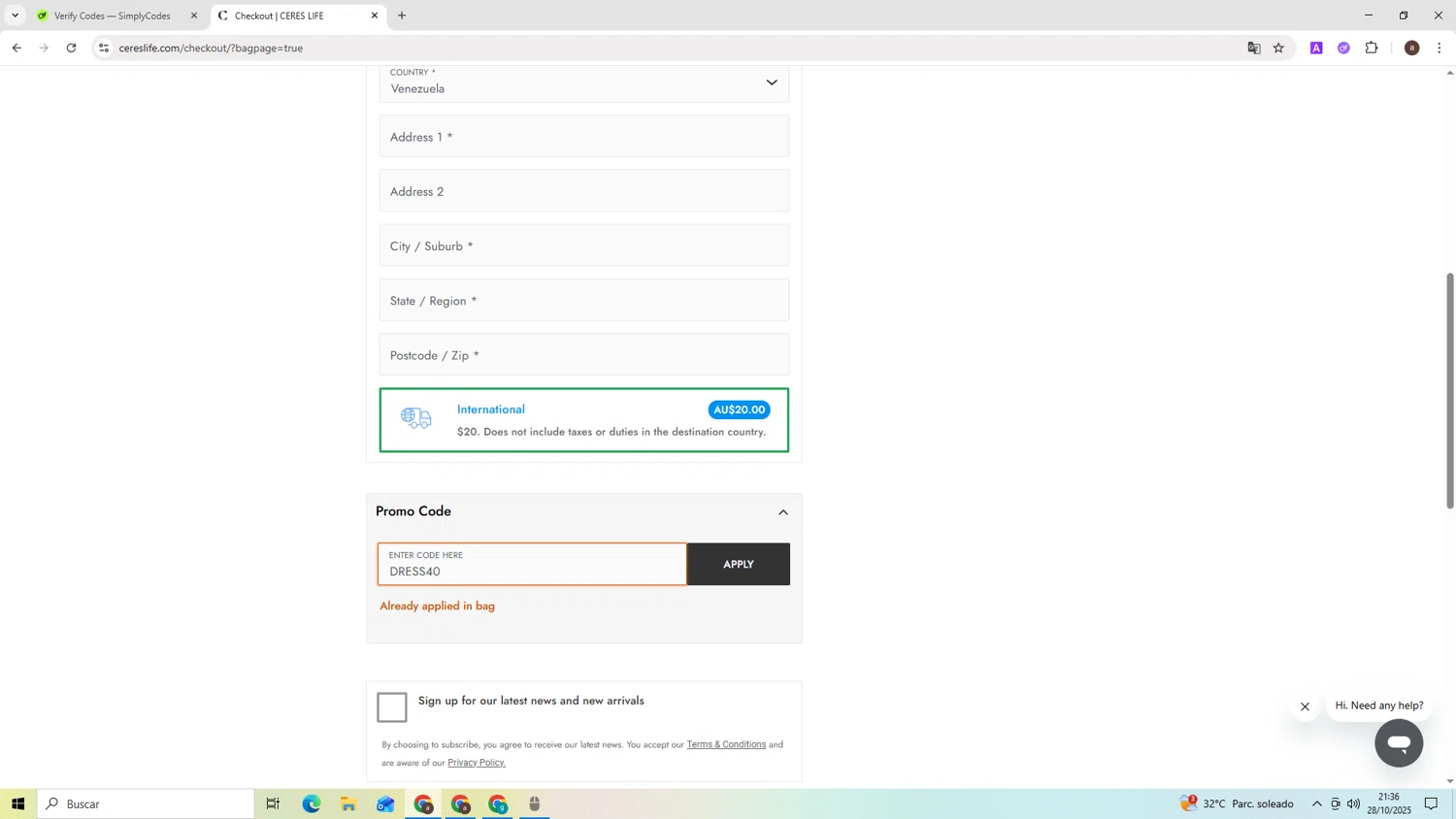 Ceres Life discount code screenshot showing code DRESS40 applied at Ceres Life checkout page. Uploaded by SimplyCodes community member ShieldAdmiral2781 on Oct 28, 2025