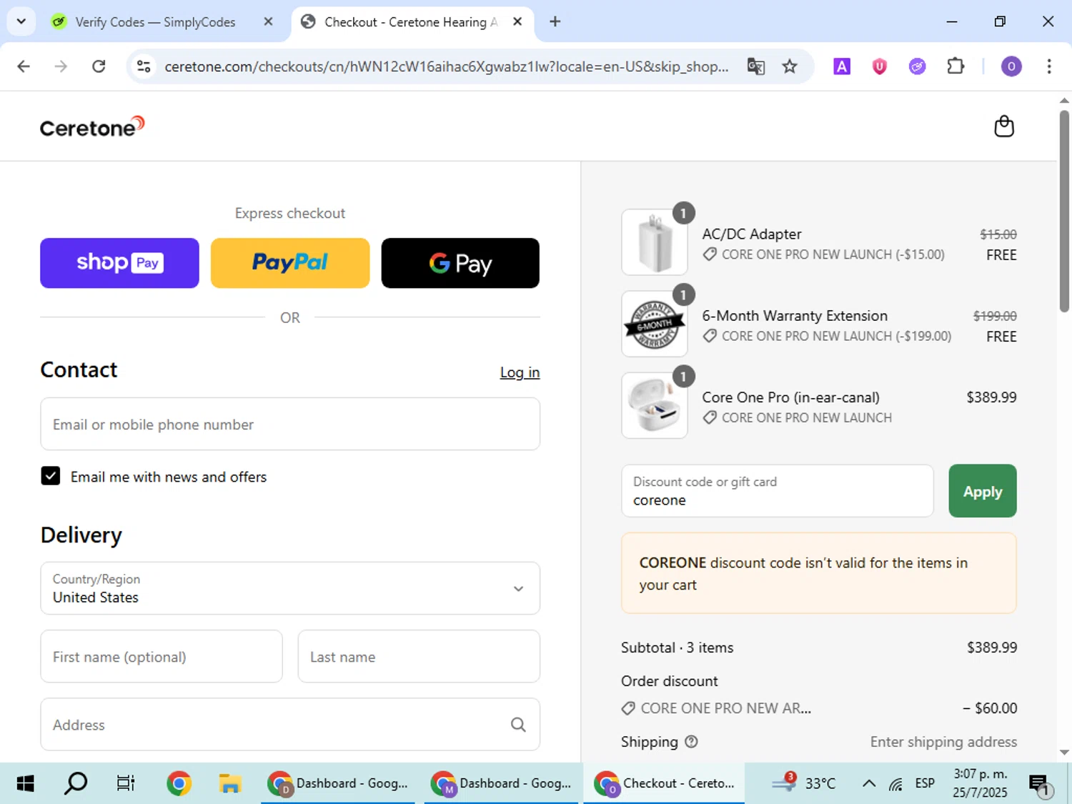 Ceretone coupon code screenshot showing code coreone applied at Ceretone checkout page. Uploaded by SimplyCodes community member BudgetHawk9503 on Jul 25, 2025
