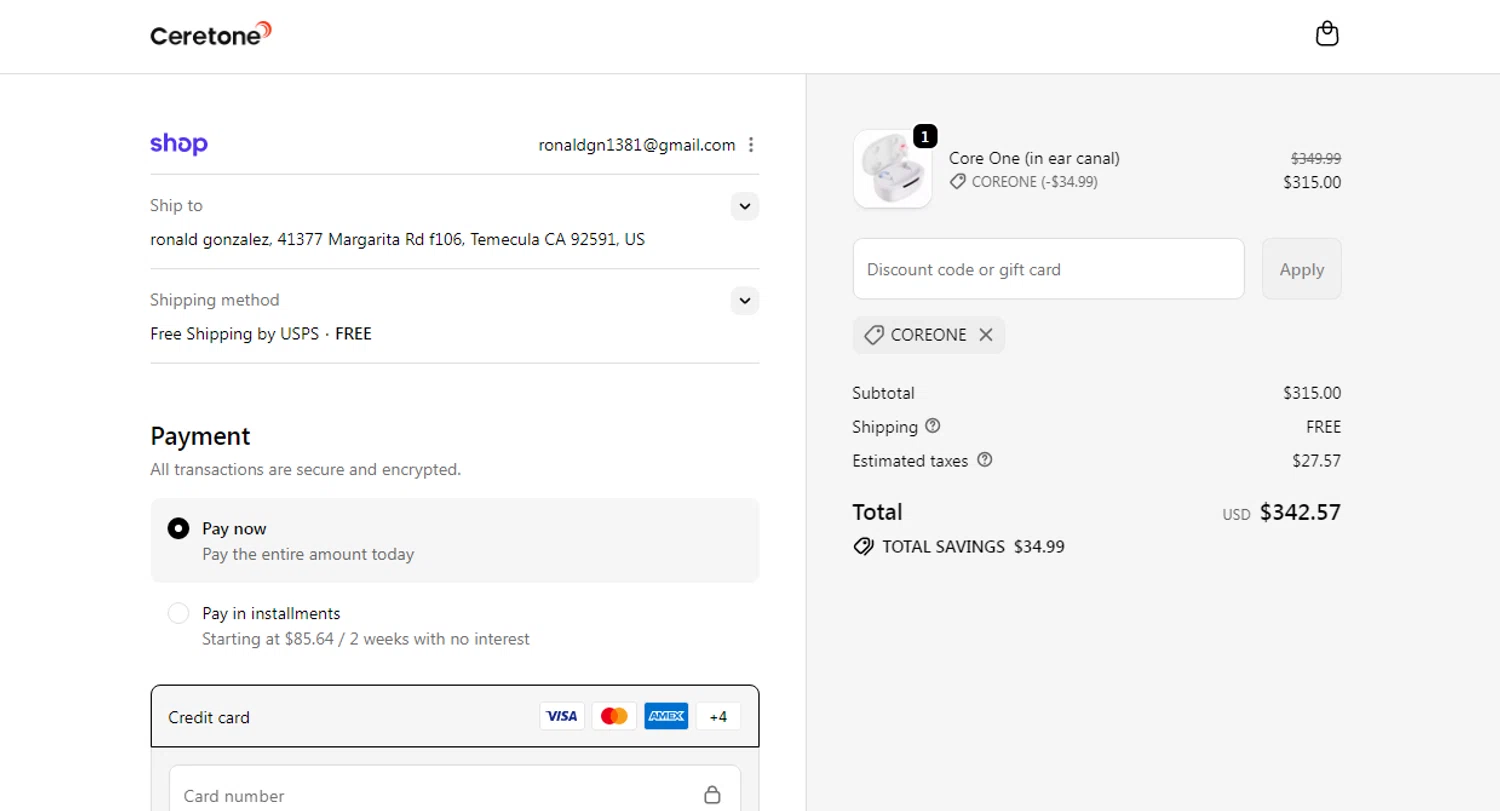 Ceretone coupon code screenshot showing code coreone applied at Ceretone checkout page. Uploaded by SimplyCodes community member Yuskecoder426913 on Nov 11, 2025