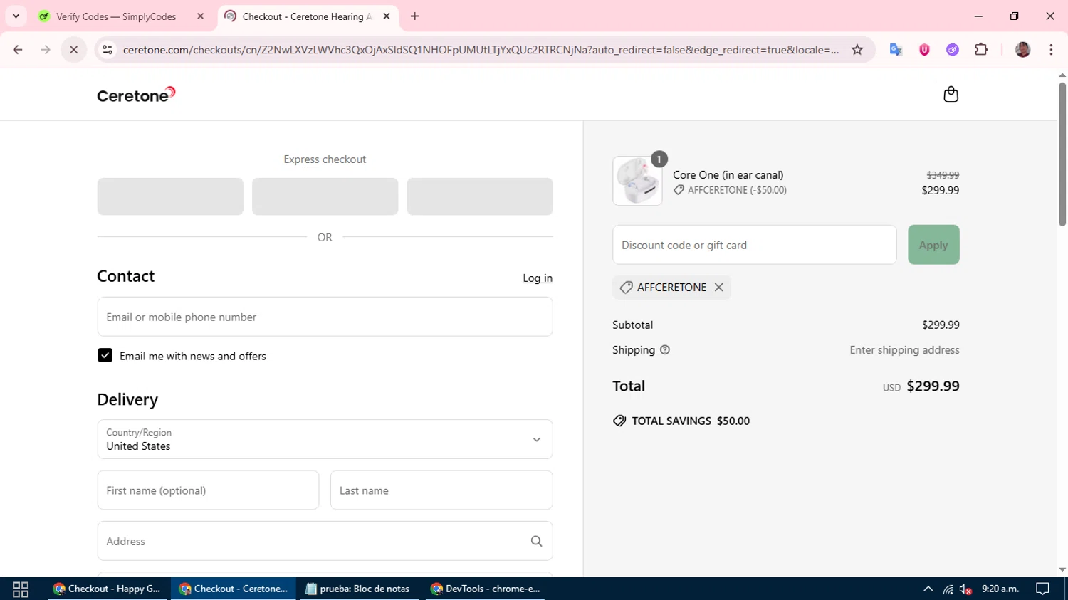Ceretone coupon code screenshot showing code AFFCERETONE applied at Ceretone checkout page. Uploaded by SimplyCodes community member DiscountFalcon2519 on Jun 2, 2025