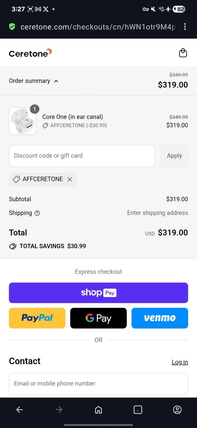 Ceretone coupon code screenshot showing code AFFCERETONE applied at Ceretone checkout page. Uploaded by SimplyCodes community member guest_623525963 on Aug 15, 2025