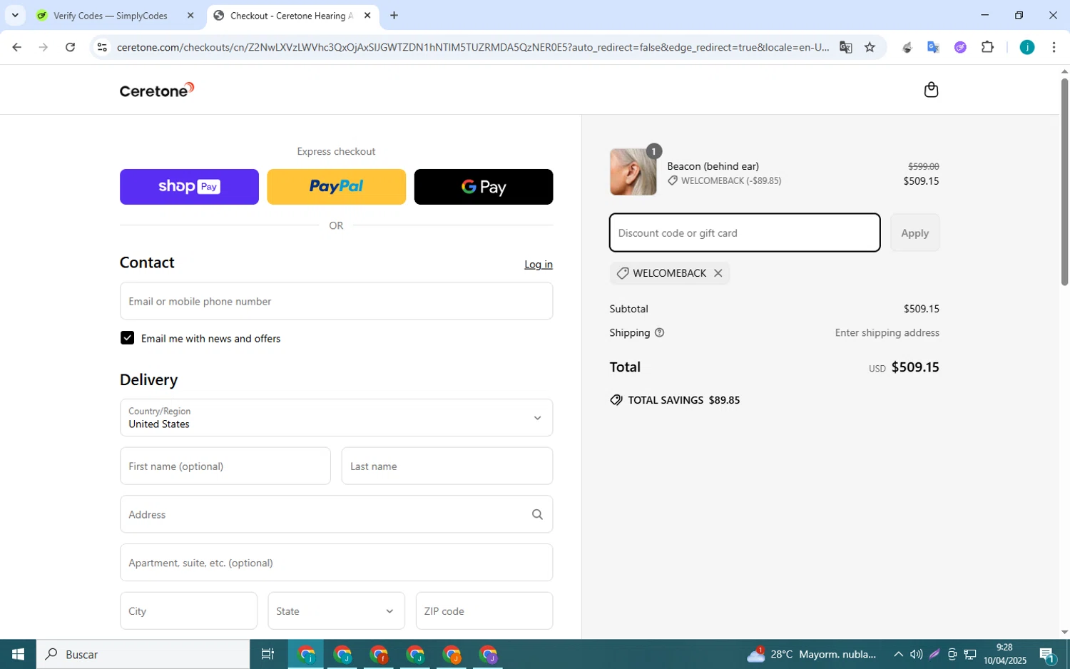 Ceretone coupon code screenshot showing code welcomeback applied at Ceretone checkout page. Uploaded by SimplyCodes community member Juan_collug on Apr 10, 2025