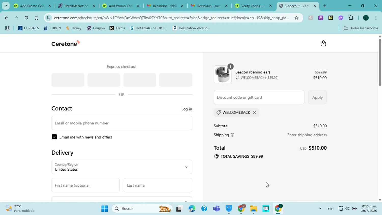 Ceretone coupon code screenshot showing code welcomeback applied at Ceretone checkout page. Uploaded by SimplyCodes community member jorgejavierherrera on Jul 30, 2025