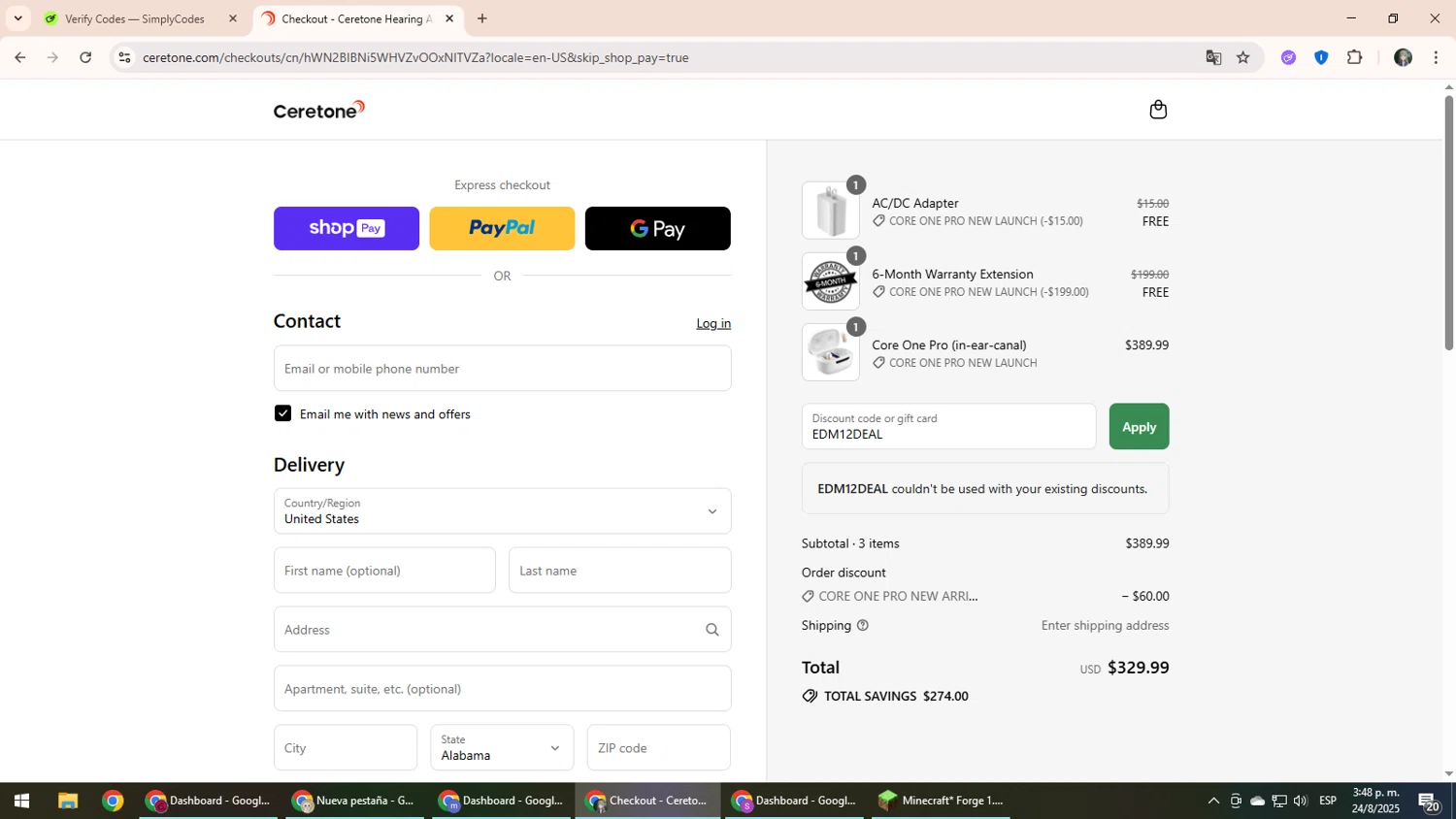 Ceretone coupon code screenshot showing code EDM12DEAL applied at Ceretone checkout page. Uploaded by SimplyCodes community member CleverLynx6871 on Aug 24, 2025